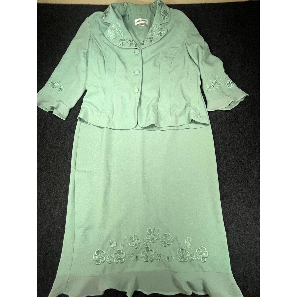 VTG Danny & Nicole 2 Piece Skirt Suit Set Women 16 Mint Green Floral Embroidered